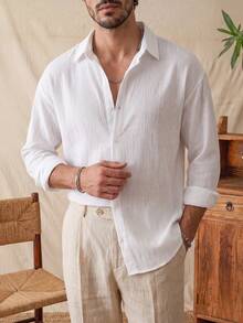 glestore Men's Vintage Old Money Style Textured Button White Shirt Four Seasons Casual Versatile Style - White - View 4