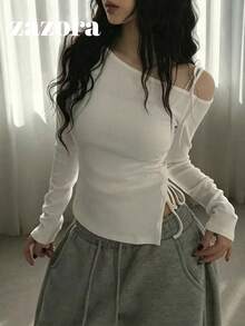 女款芭蕾風蝴蝶結露肩秋季上衣，極簡性感風，性感女孩抓皺修身收腰長袖上衣 - 白色 - 查看 4
