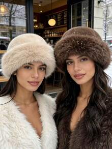 1pc Women's Plush Wide Brim Bucket Hat, Winter Fluffy Warm Bucket Hat, Fashionable And Comfortable, Suitable For Street Style - Multicolor - View 9