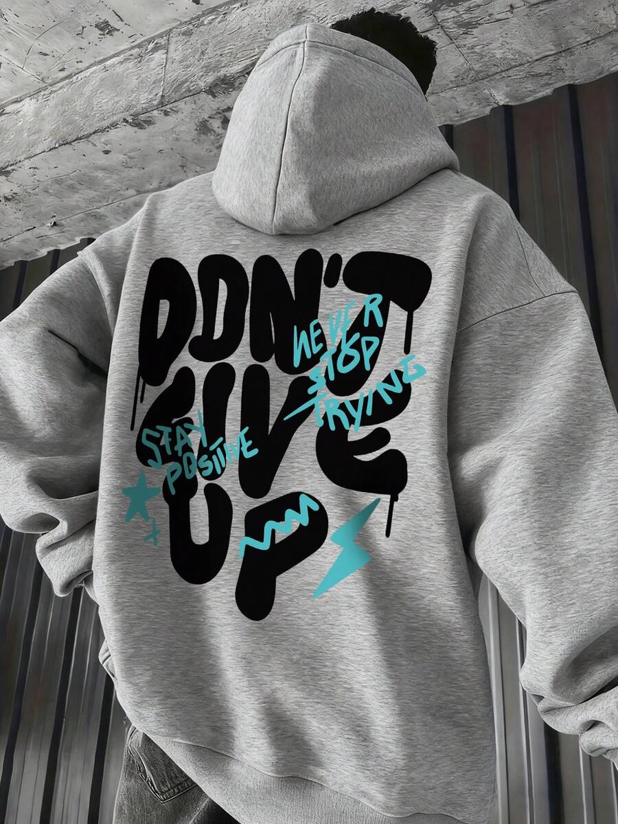 男士秋冬休閒時尚「Don't Give Up」標語印花袋鼠口袋抽繩連帽抓絨衛衣 - 灰色 - 查看 1