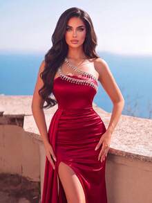 Elegant Rhinestone Chain Decor Slit Mermaid Hem Evening Gown - Burgundy - View 9