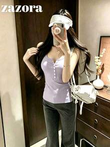 韓式性感U領鈕扣針織細肩帶背心女裝，四季皆宜 - 淺紫色 - 查看 1