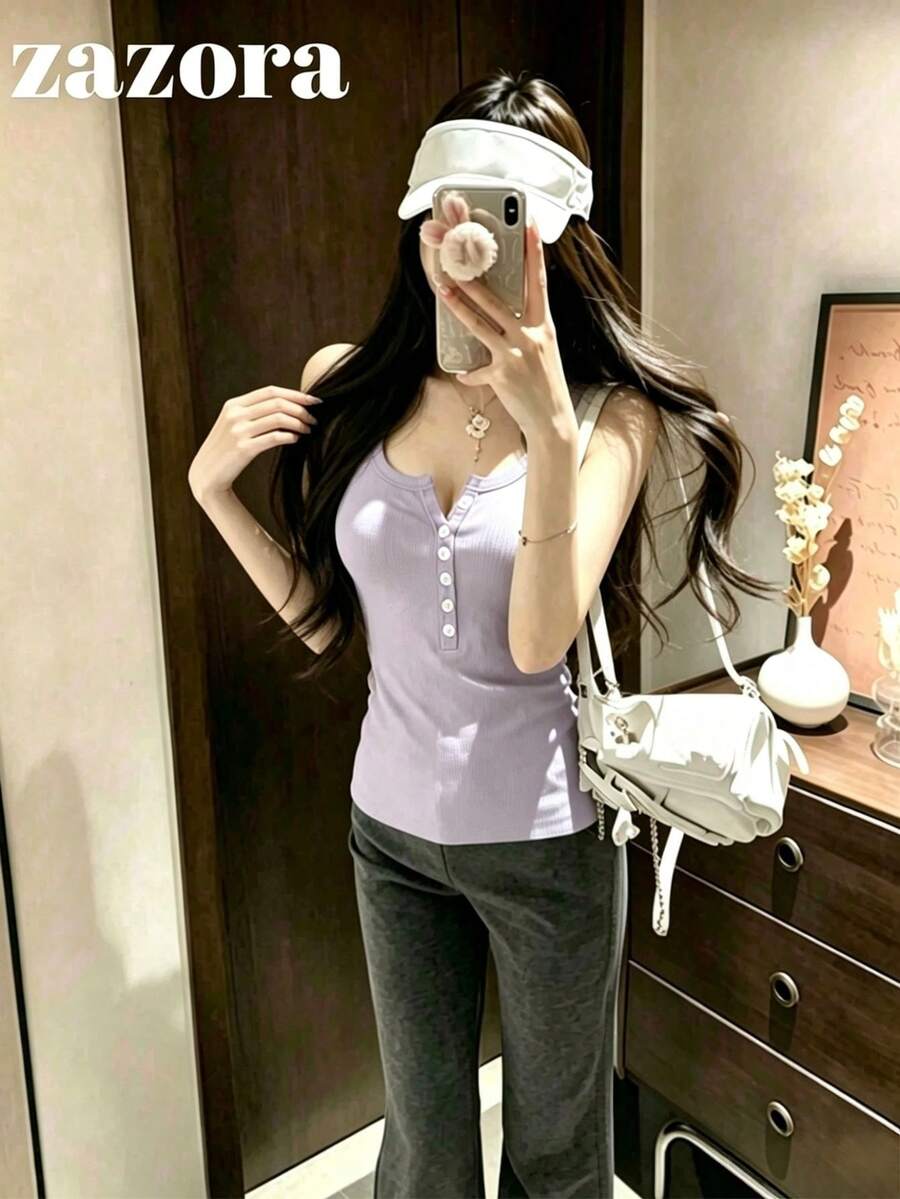 韓式性感U領鈕扣針織細肩帶背心女裝，四季皆宜 - 淺紫色 - 查看 1