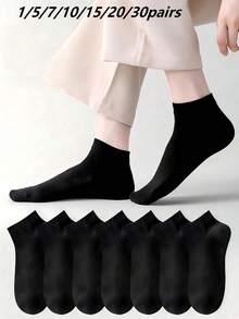 1/5/7/10/15/20/30 Pairs Unisex Pure Cotton Spring/Autumn Solid Color Minimalist Versatile Plus Size Fashion Short Socks - Black - View 11