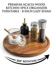 1pc 360° Rotating Solid Wood Round Turntable, Multifunctional Wooden Spice Storage Tray, Kitchen Seasoning Rack, Kitchen Storage Organizer Accessory, Spice Container, Kitchen Decor, Solid Wood Rotating Tray, Fits Kitchen Cabinets And Storage Cabinets, Home Storage Turntable, Christmas, Halloween, Graduation, Birthday Gift - View 5