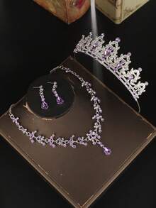 4pcs Elegant Rhinestone Queen Crown Necklace Set, Bridal Wedding Headpiece, Banquet Party Baroque Style Jewelry - Mauve Purple - View 2