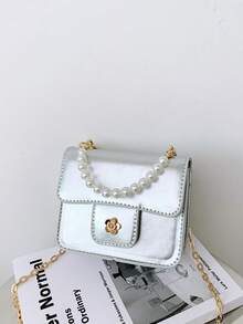 1pc Girls Solid Color PU Magnetic Closure Fashion Pearl Handbag Small Square Bag Chain Crossbody Bag Suitable For All Seasons Daily Use - A - View 12