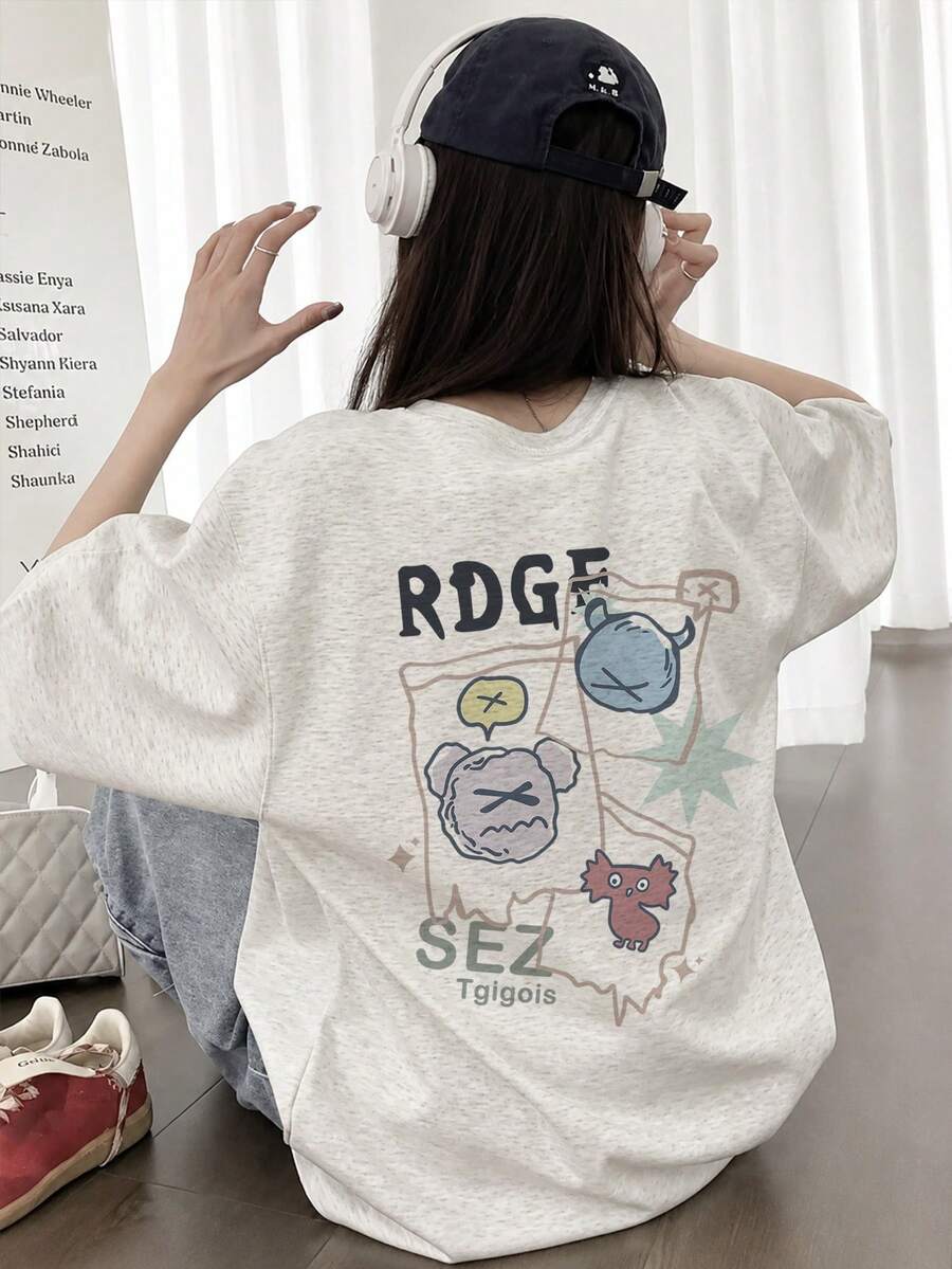 Japanese Style Women's Casual Loose Fit Round Neck Cartoon Print Short Sleeve T-Shirt, Spring/Summer - Light Gray - View 1