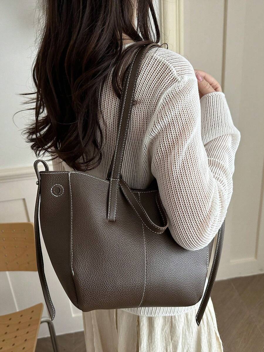 1pc Solid Color PU Commuter Shopping Large Capacity Minimalist Exquisite Versatile Casual Daily Modern Style Tote Bag - Coffee - View 1