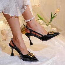 2026 New Spring/Autumn Versatile Women's High Heel Pumps & Sandals, Sexy Fashion Glamorous Solid Color PU With Pure Metal Decor, For Wedding, Office, Party, Spring/Summer/Autumn - Black - View 4