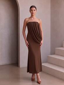 Halloween Party Ball Gown, Autumn Wedding Guest Dress, Strapless Draped Fitted Mid-Length Evening Party Wear - Brown - View 4