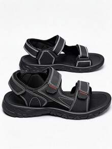 1 Pair Classic Solid Color Beach Sandals With Dual Hook And Loop Adjustable Design, Breathable, Comfortable, Casual And Versatile - Black - View 4