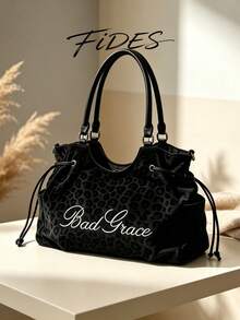 1pc New Women's Leopard Print Embroidered Letter PU Tote Bag, Drawstring Shoulder Strap Large Capacity Commuter Underarm Bag, Casual Daily Work Versatile Handbag Crossbody Bag - Black - View 5