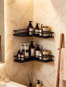 2 Pieces/3 Pieces4-Piece No-Drill Stainless Steel Bathroom Storage Rack/Accessory Set, Corner Shower Rack, Wall-Mounted Adhesive Shower Rack, Shower Gel Holder, Shampoo Holder, Soap Holder [Razor Holder And Air Freshener Also Available]. - Black - View 2