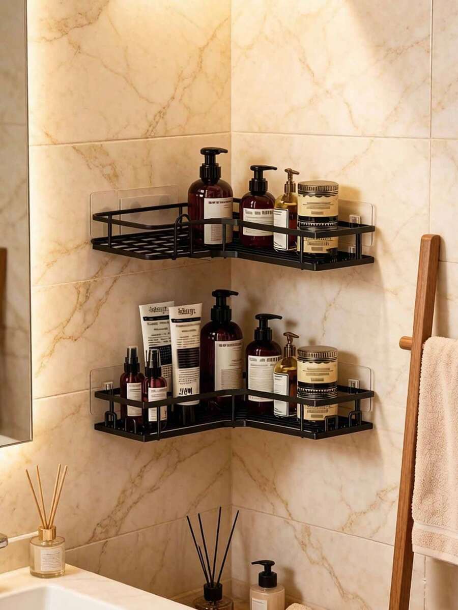 2 Pieces/3 Pieces4-Piece No-Drill Stainless Steel Bathroom Storage Rack/Accessory Set, Corner Shower Rack, Wall-Mounted Adhesive Shower Rack, Shower Gel Holder, Shampoo Holder, Soap Holder [Razor Holder And Air Freshener Also Available].