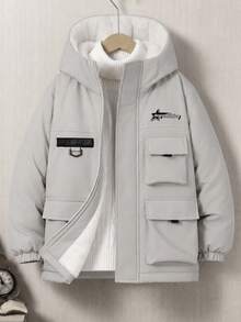 Boys' Winter Casual Fashion Streetwear Warm Padded Coat With Patch Print, Utility Webbing And Pockets - Beige - View 1