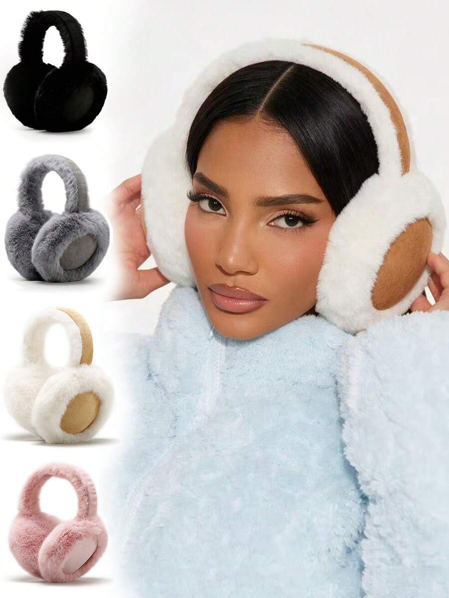 1pc Fuzzy Plush Winter Earmuffs, Soft Warm Foldable Ear Muffs, Outdoor Cold‑Weather Ear Protection Accessories For Women Daily Travel - Multicolor - View 1