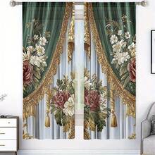 2pcs Dark Green & Gold Floral Print Curtains, 2D Flat Print European Luxury Damask Lace Pattern Curtains, Home Decor - Multicolor - View 8