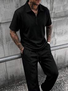 Men's Vintage Textured Casual Solid Color Drawstring Short Sleeve Top And Long Pants 2-Piece Set - Black - View 3