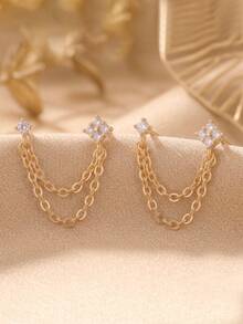 2pcs Cubic Zirconia Decor Chain Pendant Stud Earrings, Hypoallergenic Jewelry Gift For Women - Gold - View 5