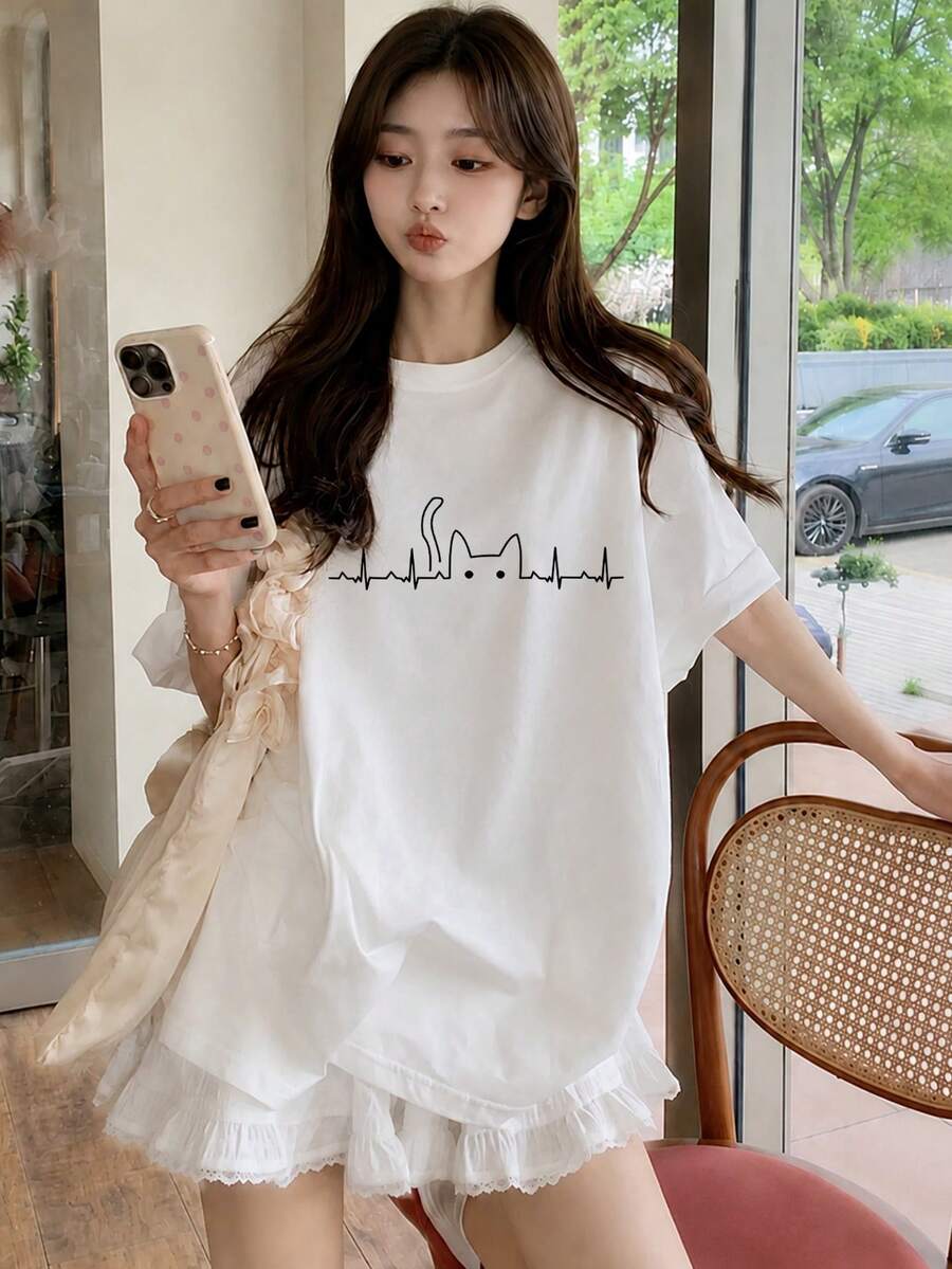 Women's Loose Round Neck Short Sleeve Cartoon Cat Print T-Shirt, Spring/Summer Casual White - White - View 1