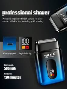 HIENA Portable Electric Shaver For Men, Reciprocating Foil Razor With Digital Power Display, USB Rechargeable Cordless Beard Trimmer, Mini Pocket Travel Shaver, Men Grooming Tool, Ideal Gift For Him - Black Blue - View 4