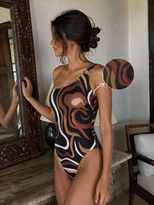 HOTTIE HABIT Abstract Wave Print One Shoulder Monokini, Metal O-Ring Strap High Cut Swimsuit, Women's Retro Colorblock Swimwear, Suitable For Beach, Pool, Vacation - Multicolor - View 2