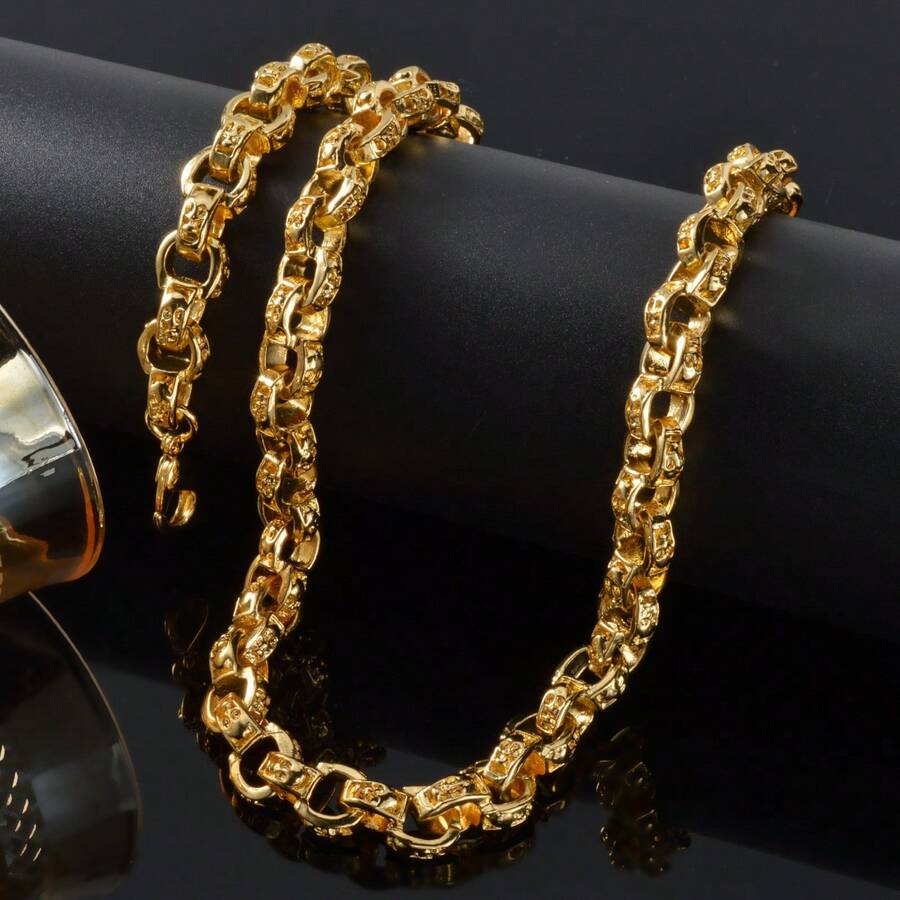 1pc Luxury Thick 14K Gold Plated Copper 10mm Skull Round Link Chain Necklace, Hip Hop Rock Punk Style, Men's Daily Party Wear, Gift For Boyfriend - Gold - View 1