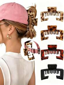 1/4pcs Oversized Hair Claw Clips Suitable For Wearing Hats, Hollow Square Design Fits Baseball Caps Easily. Strong Grip Holds Messy Hair Securely. Fashionable Matte And Tortoise Shell Colors, Ideal Hair Accessory For Women's Daily Outings. - Multicolor - View 14