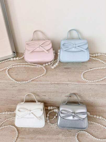 1pc Girls Bowknot Solid Color PU Magnetic Closure Cute Handbag With Pearl Chain Strap, Suitable For All Seasons Daily Use