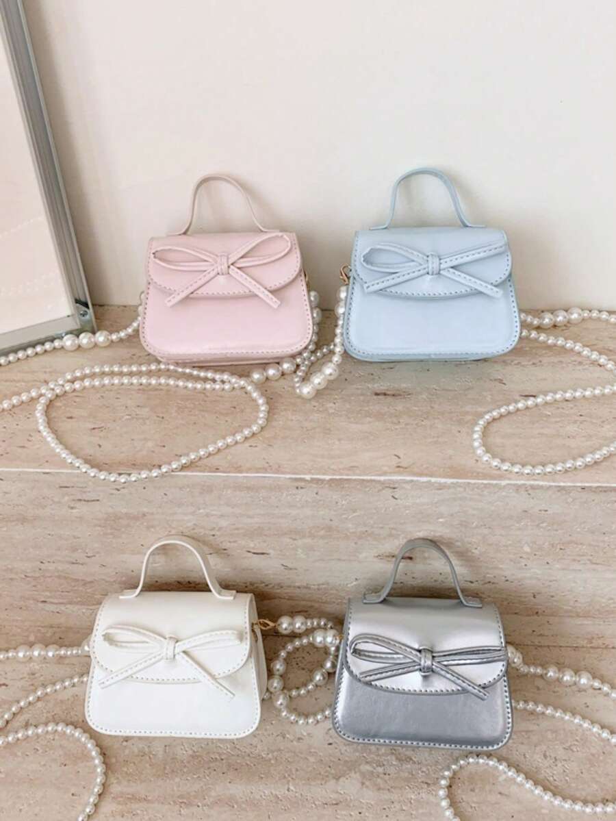 1 buah Tas Tangan Anak Perempuan Motif Pita Warna Polos Bahan PU dengan Penutup Magnet dan Tali Rantai Mutiara, Cocok untuk Penggunaan Sehari-hari di Semua Musim