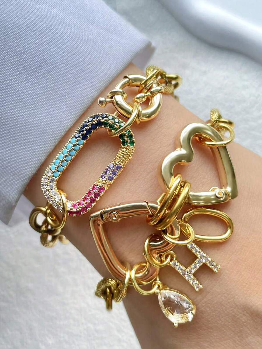 1pc A-Z Initial Letter Chain,Gold Heart Clasp Letter Chain,Colorful Climbing Chain,,Double Heart Buckle Letter Chain,For Celebrating Holiday Daily - Yellow Gold - View 1
