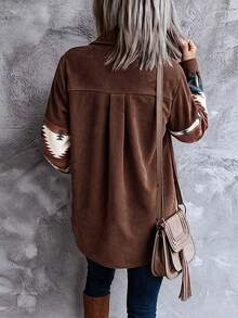 Women's Western Style Brown Corduroy Shacket, Print Patch Pocket Long Sleeve Jacket Suitable For Road Trips - Multicolor - View 3
