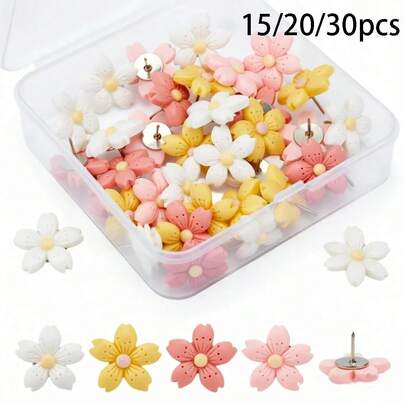 15/20/30 piezas de chinchetas con flores de cerezo de resina, chinchetas decorativas lindas para tablero de corcho, tablero de anuncios, decoración del hogar y la oficina, colores aleatorios