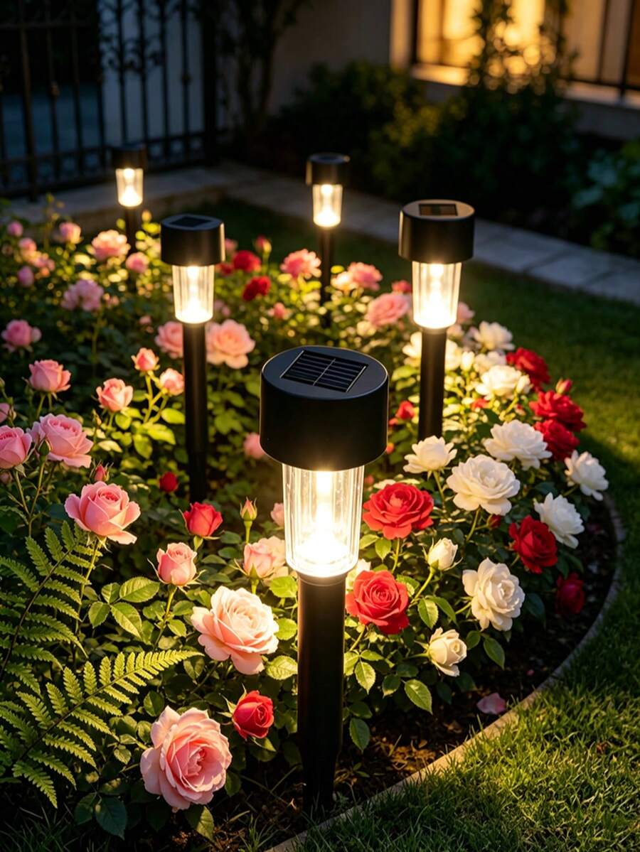1/5/10/12pcs Black Plastic Solar Lawn Lights, Transparent Shade LED Solar Ground Stake Lights, Waterproof Outdoor Pathway Decorative Lights, Suitable For Yard, Patio, Sidewalk, Backyard, Entrance Porch - Multicolor - View 1