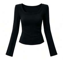 Black Fashion Minimalist All-Match Long Sleeve T-Shirt Women's Autumn Outfit Slim Fit Inner Layer Layering Elegant Versatile Halloween Outfit Top - Black - View 10