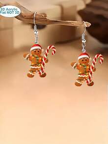 2D Flat Gingerbread Man Holding Candy Cane Acrylic Pendant Earrings With Floral Pattern, Perfect Gift For Pet Lovers, Suitable For Women, Parties And Christmas, All-Season Fashion Accessory, Gift - Multicolor - View 3