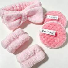 5Pcs Face Washing Set, Soft Plush Bow Headband, Absorbent Wristbands & Reusable Makeup Remover Pads, Multiple Colors Available - Multicolor - View 2