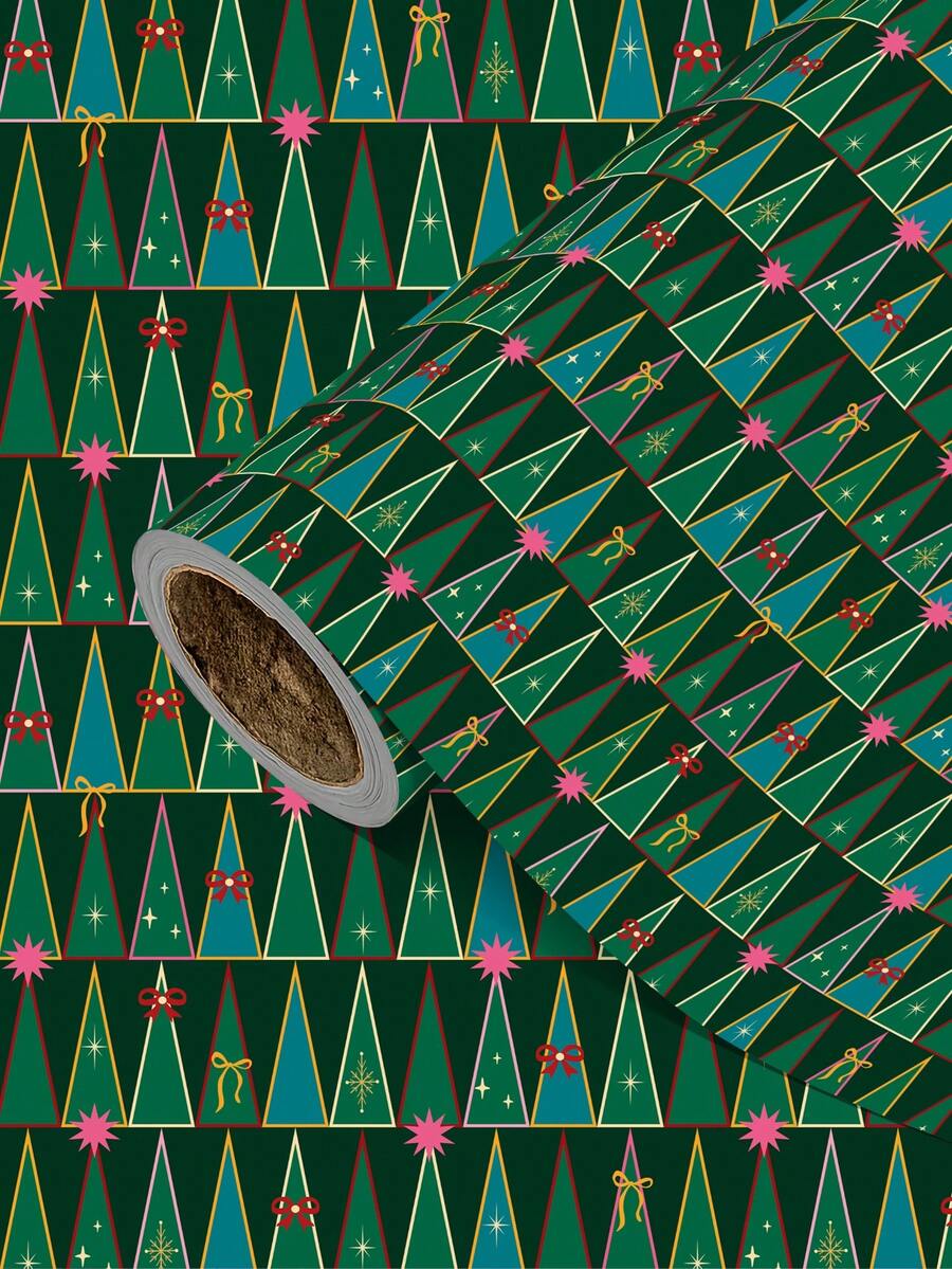1 Roll Of Christmas Gift Wrapping Paper With Small Christmas Tree Pattern ,Perfect For Christmas Gift Wrapping,Decorating For Christmas Parties,Home Festive Decoration,DIY Craft,1 Roll Size: 43 Cm X 300 Cm - A - View 1