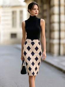 Vuslat Women's Autumn Colorblock Argyle High Waist Bodycon Slimming Midi Skirt, Suitable For Commute, Office, Shopping, Dating, Party, Back To School - Apricot - View 5