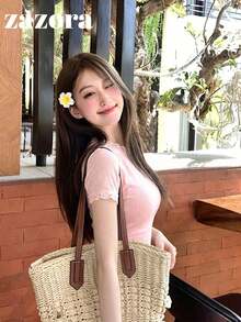 小眾法式蕾絲設計修身短袖T恤，輕盈透氣薄紗防曬舒適夏季上衣（建議搭配內搭衫） - 粉色 - 查看 1