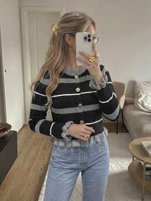 女款秋冬休閒優雅荷葉邊裝飾彩色條紋對比領開襟衫上衣，戶外穿著，返校穿搭 - 黑色 - 查看 4