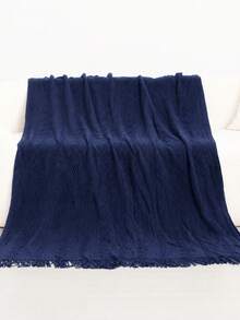 1pc Wavy Pattern Blanket, Nordic Style Acrylic Rectangle Tassel Solid Color Sofa Cover Blanket, Bedding Decor Throw Rug, Nap Blanket, Knitted Blanket - Vertical Stripes With Three Bends, Dark Blue - View 3