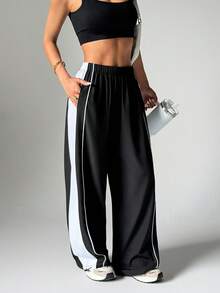 Women's Spring/Summer Casual Sporty Textured Decor Cuffed Joggers - Black - View 3