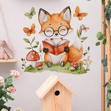 1pc 2D Cute Fox Wall Sticker Watercolor Reading Forest Mushroom Self-Adhesive Wall Decal - Multicolor - View 4