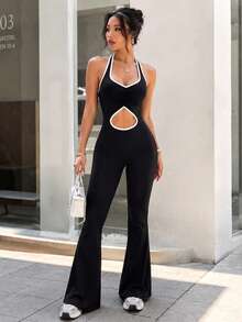 Women's Halter Neck Flare Jumpsuit, Ruched Keyhole Cutout, Open Back, Contrast Trim, Slim Fit Yoga Workout Activewear Bodysuit - Black - View 4