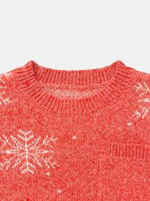 Women's Autumn/Winter Long Sleeve Round Neck Christmas Snowflake Print Drop Shoulder Pocket Sweater, Suitable For Daily Outdoor Wear - Red and White - View 6