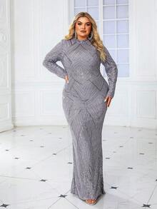 Plus Size Luxury Light Gray Sequin Elegant Stand Collar Long Sleeve Mermaid Party Evening Dress - Light Grey - View 4