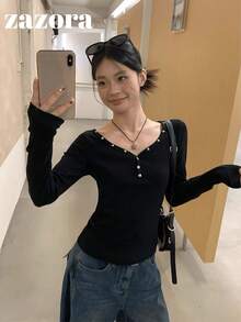 2026 Spring Women's Riveted V-Neck Long Sleeve T-Shirt, Slim Fit Layering Top Casual Black - Black - View 4