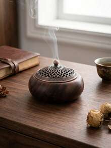 1pc Solid Walnut Wood Incense Burner With Vintage Hollow Carved Metal Lid, Incense Holder For Coil And Stick Incense, Zen Decor For Tea Room, Bedroom, Meditation, Ramadan, Eid, Christmas, Housewarming Gift - Wooden Bowl Incense Burner - View 4